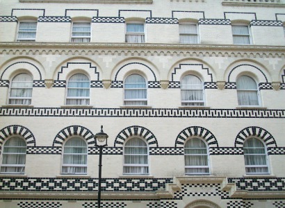 black and white tiled facade.