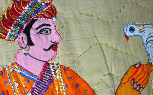 Textile of man with bird.